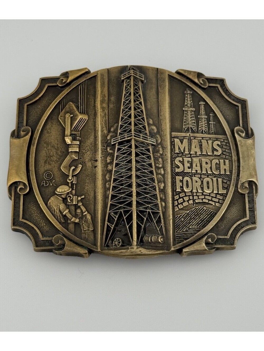 Mans Search for Oil Drilling Derrick Tower Rig Brass ADM Roughneck Belt Buckle